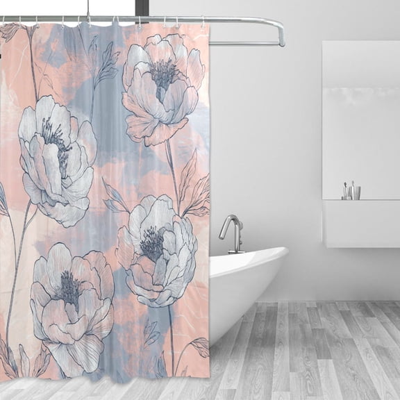 Hand Painted Peony Flowers in Peach Blue Shower Curtains with 12 Hooks Waterproof Bathroom Decor 66" x 72"
