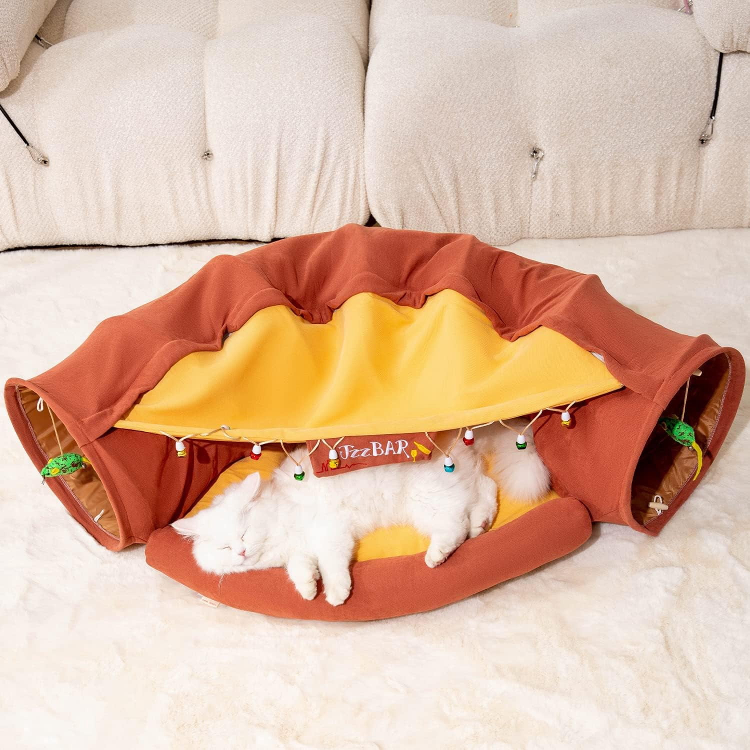 Cat Tunnel for Indoor Cats, Cat Tube with Collapsible Washable Cat Bed,Premium Cat Toy for Small Medium Large Cat.(Bar)