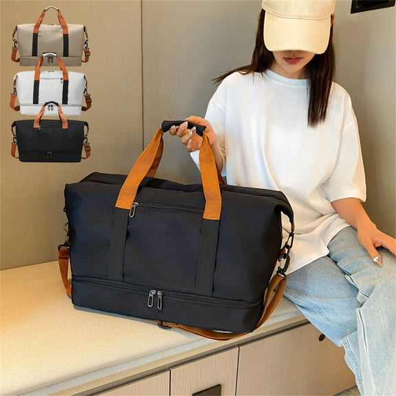 Travel Duffel Bag Foldable Lightweight 30L | Water-Resistant Cloth | Reinforced Zippers Double Handles | Fits Over Luggage Handle | Khaki Gray | 18.1x11.8x9.8in | Compact Storage Pouch