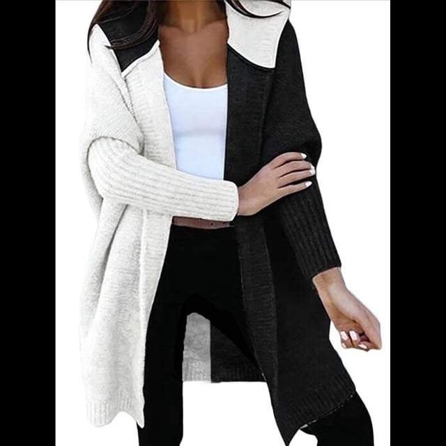 Cárdigan de Punto con Capucha y Larga con Abertura Frontal para Mujer, Abrigos con Bloques de Color, Otoño e Invierno y Negro M