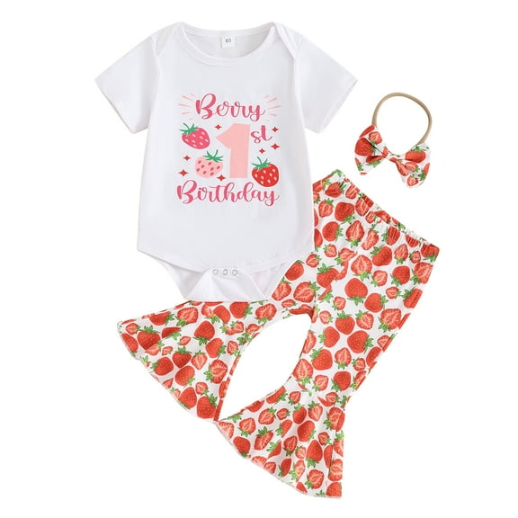 Musuos Baby Girls First Birthday Outfit 6M 12M 18M Short Sleeve Letter Print Romper T_shirts Strawberry Print Flared Pants Headband Sets