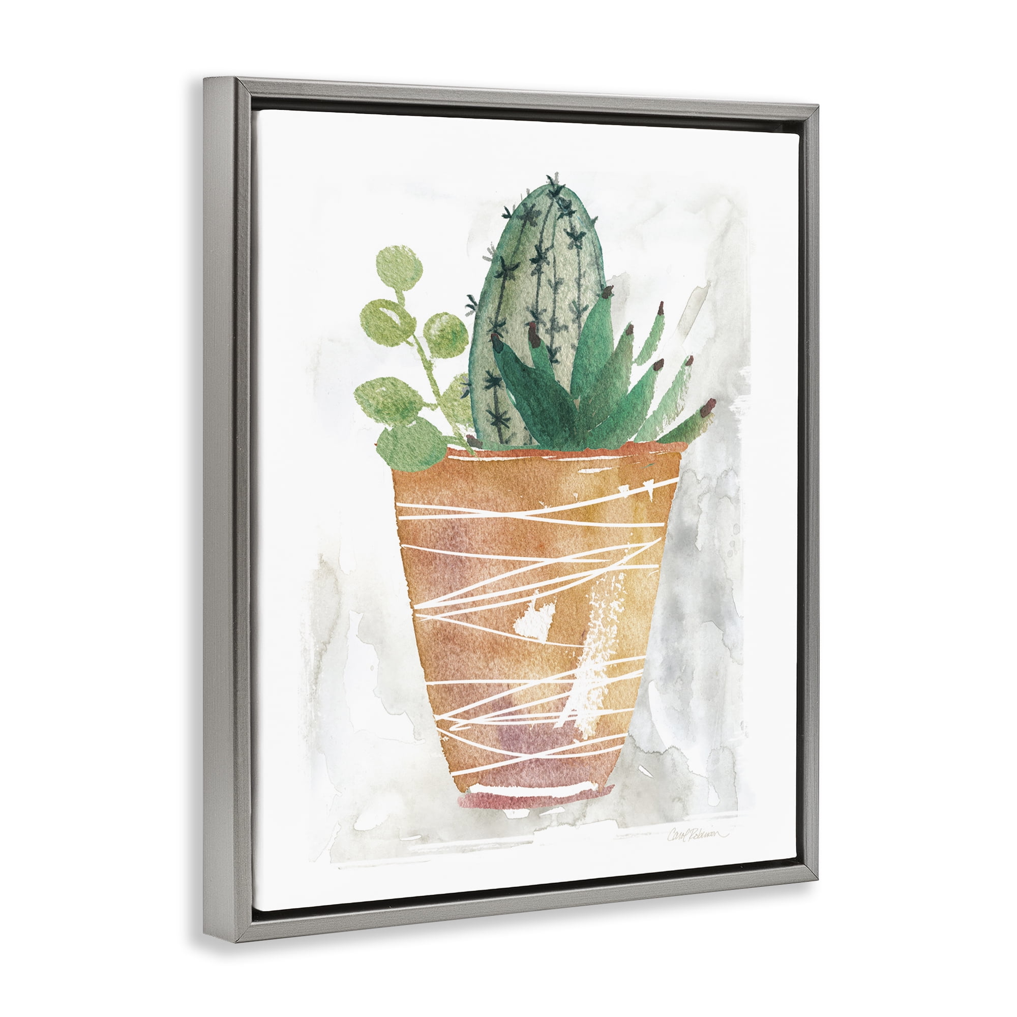 Stupell Industries Cactus & Succulent Vase Plants & Flowers Painting Gray Floater Framed Canvas Art Print Wall Art, 17 x 21