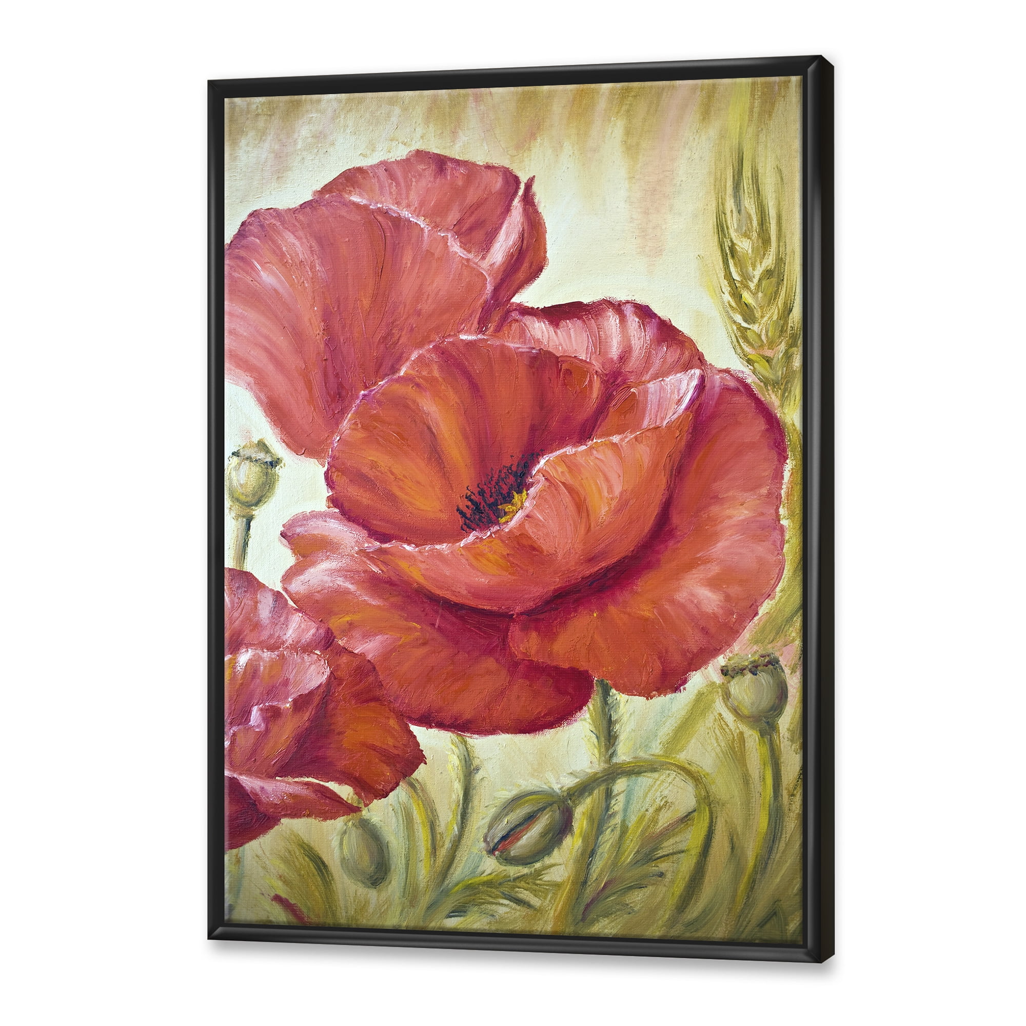 Designart 'Blossoming Red Poppies In Wheat Fields I' Traditional Framed Canvas Wall Art Print