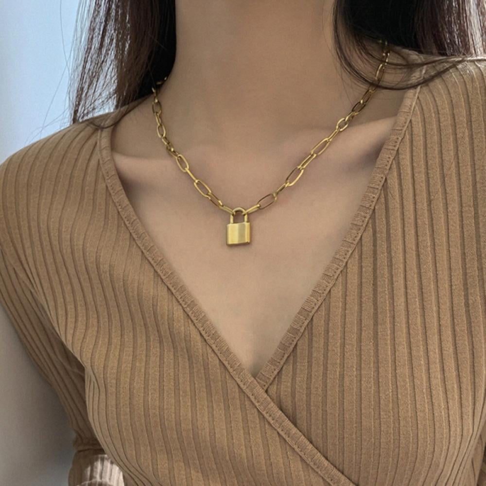 Aegenacess Y Necklace Lock Pendant Simple Cute Necklaces Long Multilayer Chain Fashion Jewelry Women Girls Gift for Her