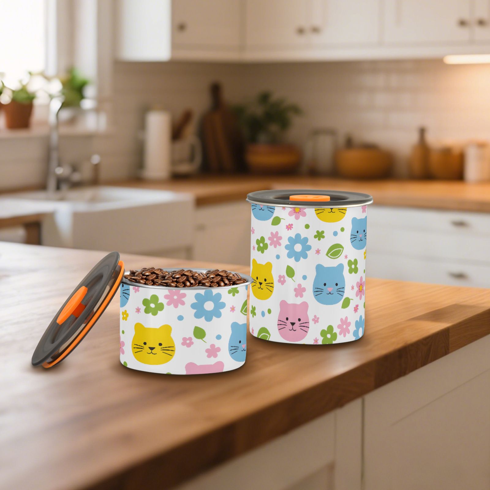 Cat & Daisy Kitten Airtight Coffee Bean Canister 30oz Food Storage Containers with Lids For Gournd, Tea, Sugar, Flour, Rice, Cereal, Candy Cookie Jar