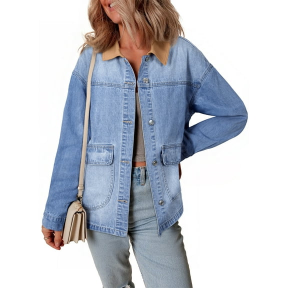 Eytino Denim Jackets for Women Oversized Jean Jacket with Contrast Trim Long Sleeve Button Down Jean Coat with Pockets Outerwear