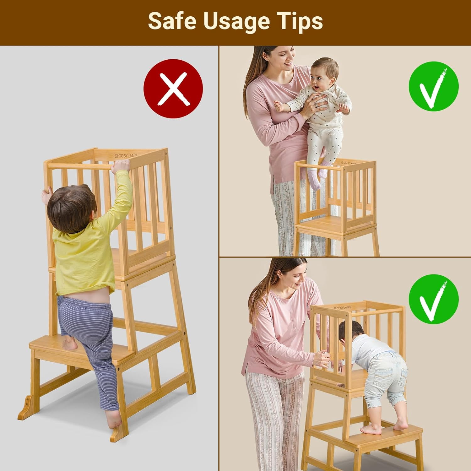 Sunny Lane Kitchen Step Stool for Toddlers – Stable A-Frame Design Kids Standing Tower with Protective Crossbar – Wooden Learning Stool for Kitchen Island Counter, Bathroom (Natural)