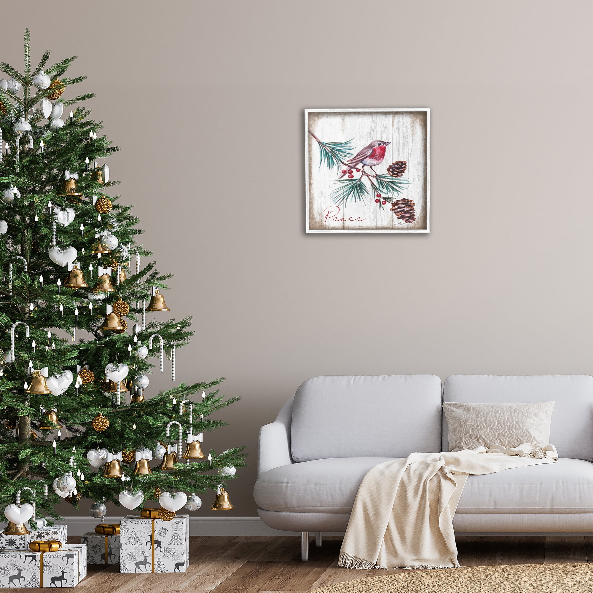 Stupell Industries Rustic Bird & Pinecones Holiday Painting White Framed Art Prints Wall Art, 24 x 24