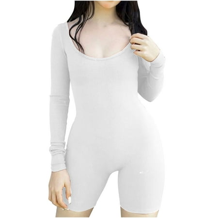 

REORIAFEE Summer Bodysuits for Women 2023 Square Collar Long Sleeve Playsuit Solid Color Womens Romper Casual Summer Ribbed Slim Buttock Lifting Sports Jumpsuit One Piece Tights White M