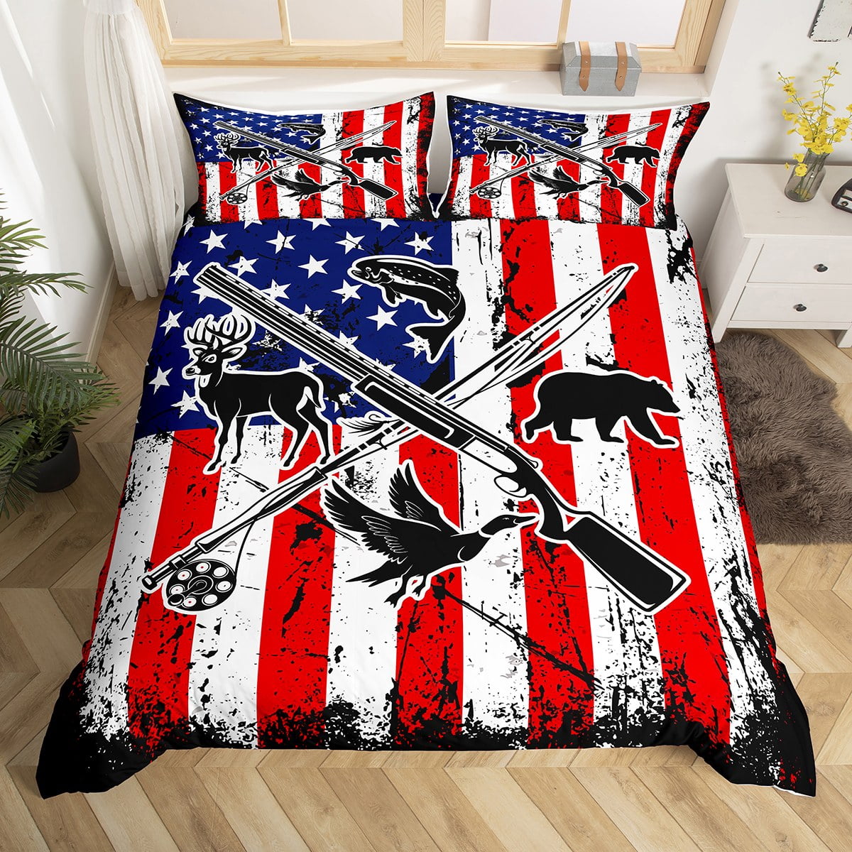 Kids Hunting Fishing Twin Bedding Sets For Boys,Black Silhouette