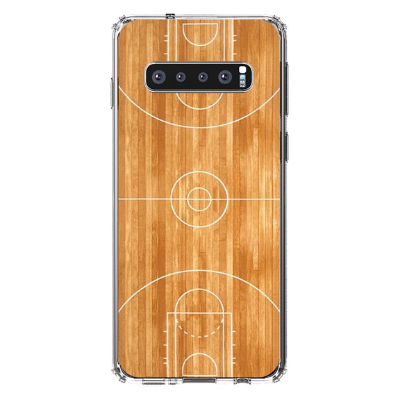 DistinctInk Clear Shockproof Hybrid Case for Samsung Galaxy S10 (6.1" Screen) - TPU Bumper, Acrylic Back, Tempered Glass Screen Protector - Basketball Court Layout - Basketball
