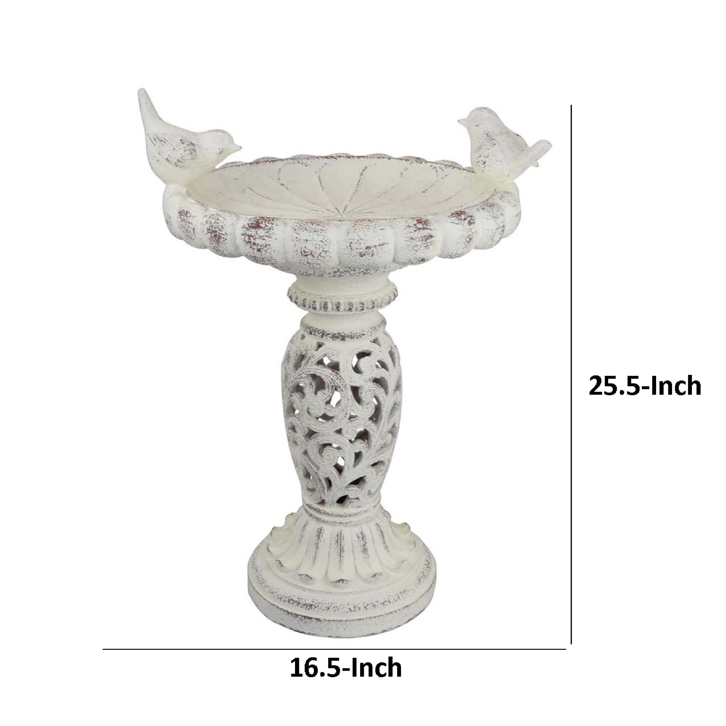Benjara Niam Bird Bath Sculpture- 26" Weathered White Scrolled Resin
