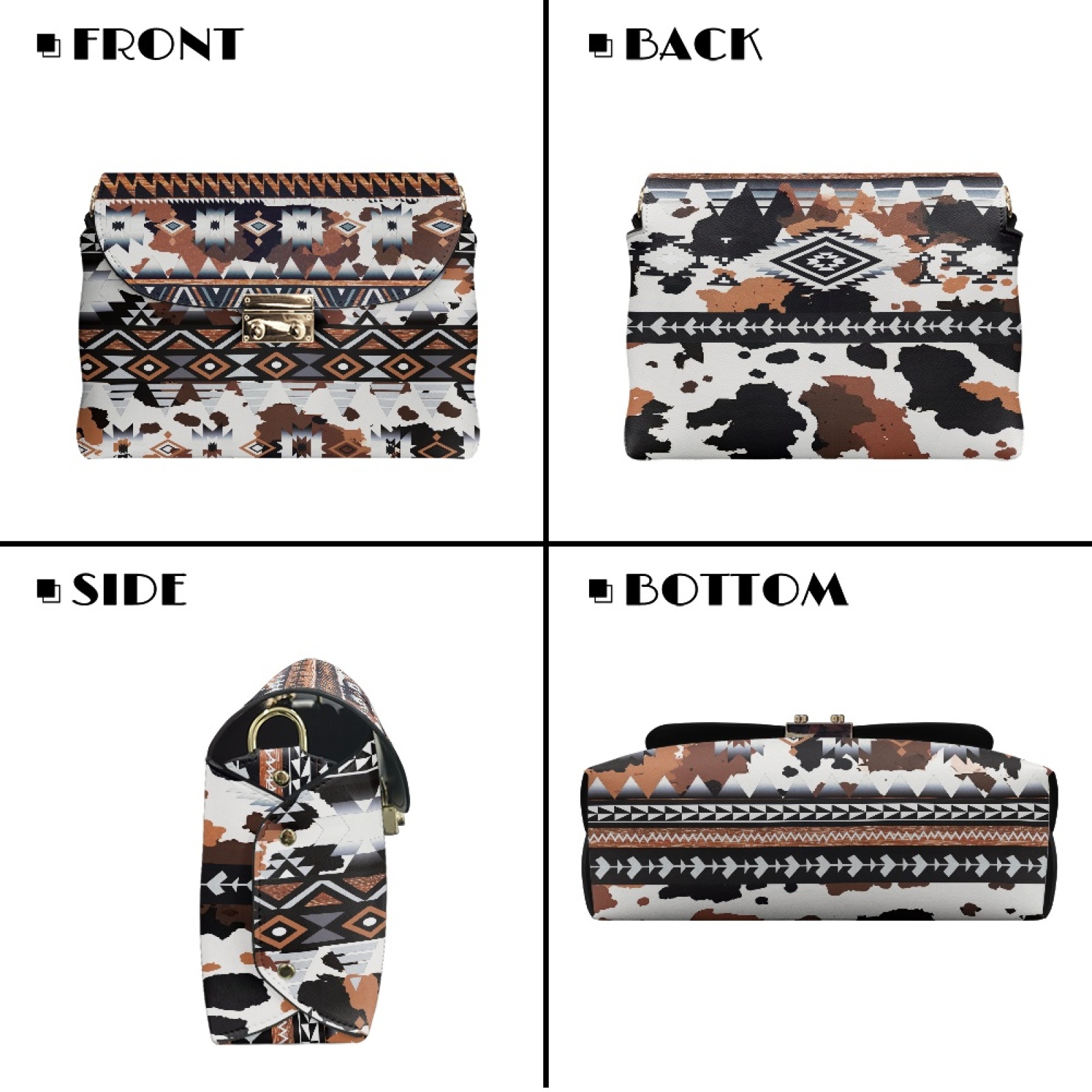 SCRAWLGOD American Tribal Cow Print White Brown Crossbody Bags for Women Crossbody Purse PU Leather Handbags Shoulder Bag Cell Phone Purse with Chain Strap
