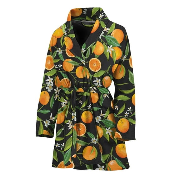 Orange Fruit Pattern Women Bathrobe One Size Univeral Fits, Fruits Fashion Lightweight Plush Fleece Long Robe For Women