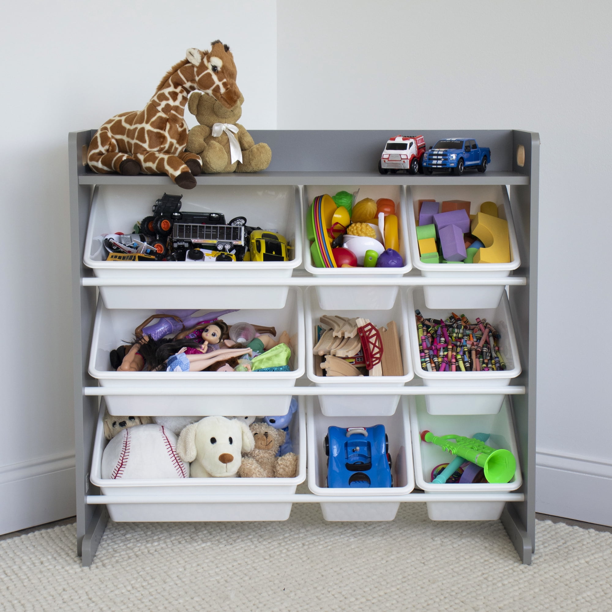 Humble Crew Kids Toy Storage Organizer with Shelf and 9 Plastic Storage Bins, Light Grey/White