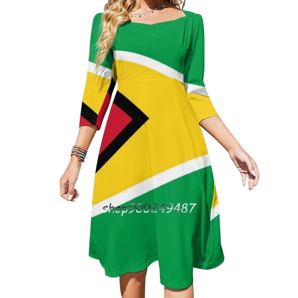 Camiseta con la bandera de Guyana Vestido acampanado con calcomanías guyanesas Vestido de cuello cuadrado Vestido elegante de moda femenina Vestido estampado Bandera de Guyana Guyana