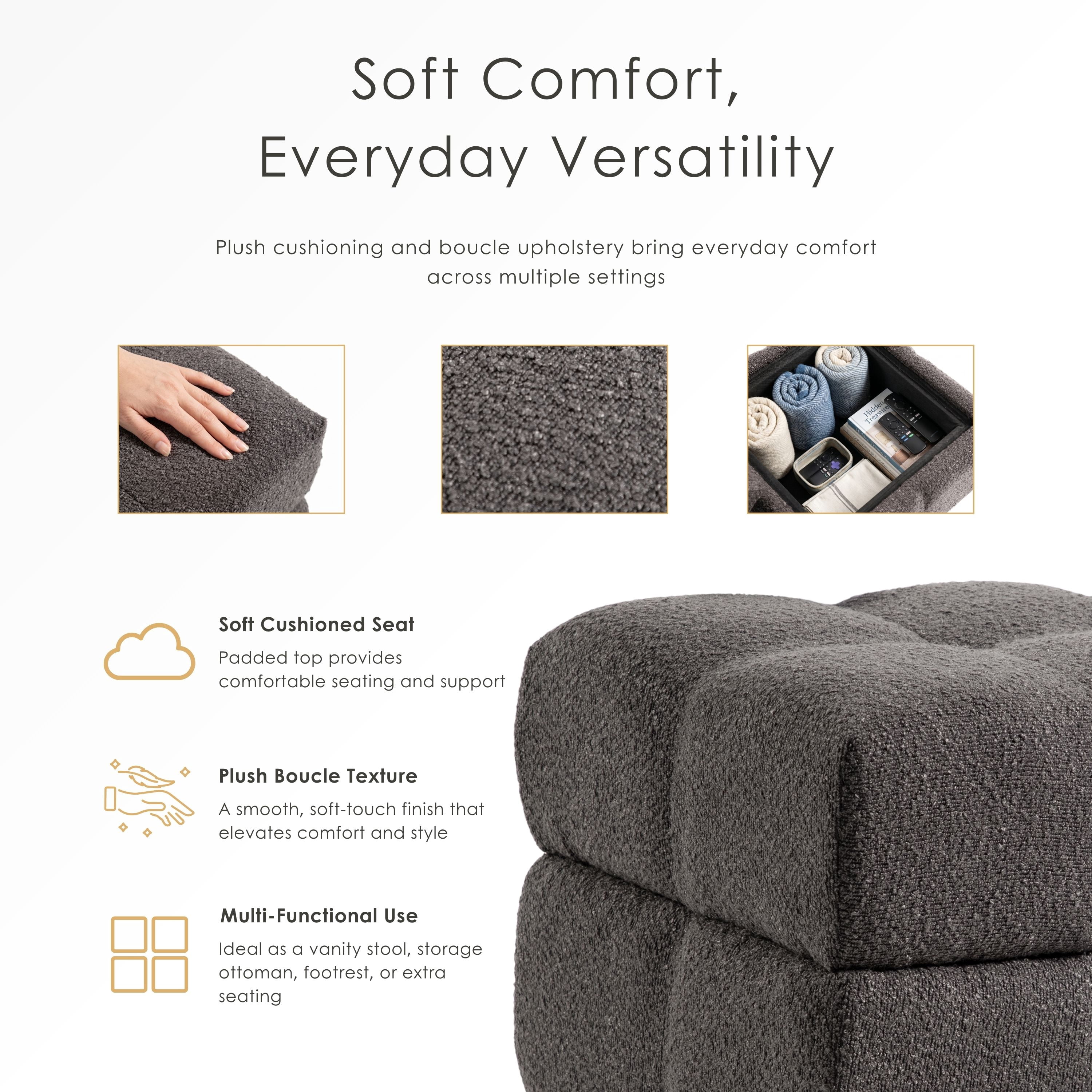 Furniture of America Vena Modern 18" Boucle Fabric Square Storage Stool, Charcoal