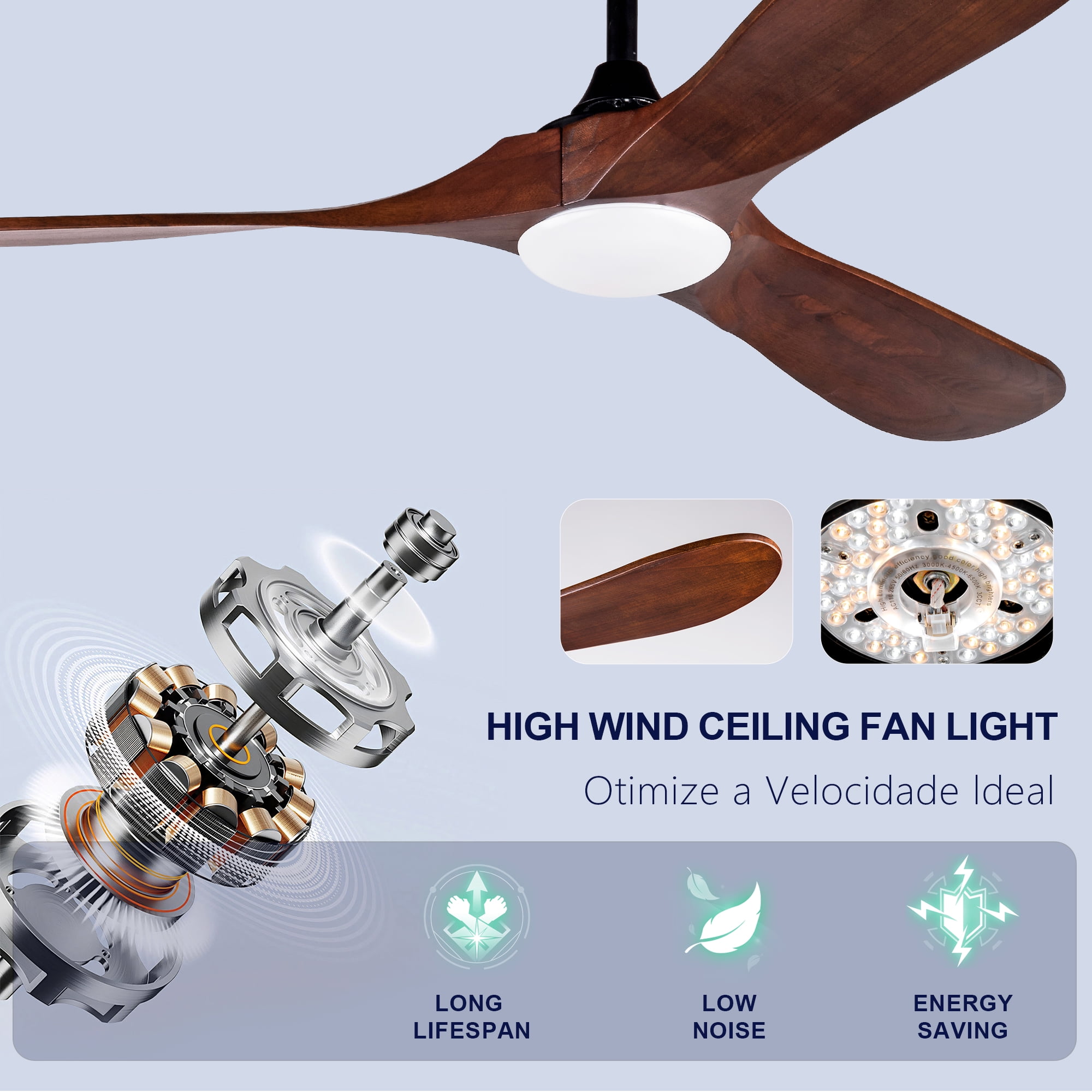 Ceiling Fan 52 Inch with 3 Solid Wood Blades and Light, Remote Control Ceiling Fan and LED Light Fixture with Reversible DC Motor for Bedroom, Black