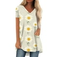 thumbnail image 2 of GceSteap Summer Short Sleeve Tunic Long Tops for Women Trendy Plus Size Flowy Shirts Casual V Neck Smocked Sunflower Print Blouse 2024 Light Gray XXL, 2 of 5