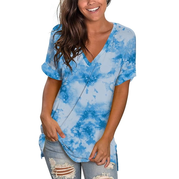 Womens Summer Tops Floral Short Sleeve V Neck T Shirts Tees Printed Side Split Tunic Tops