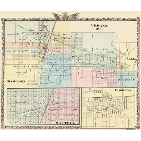Historic City Map - Urbana Champaign Mattoon Charleston Illinois - Warner 1876 - 27.31 x 23 - Vintage Wall Art