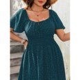 thumbnail image 5 of Plus Size Womens Teal Blue Polka Dot Square Neck Waist Cinched Midi Dress, 5 of 5
