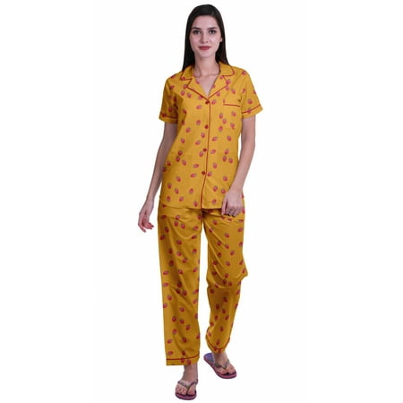 

Moomaya Printed Cotton Shirt Pajamas Notch Collar Sleepwear WoMen s Pajama Set
