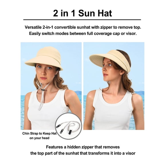 Delayuji Womens Bucket Hat 2-in-1 Convertible Visor Foldable Adjustable Cotton Polyester Summer UV Protection beach hat Lightweight Travel Outdoor Hat