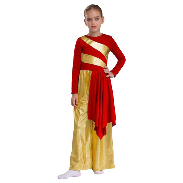 Hansber Robe de Danse pour Filles Enfants Pantalon Grand Métallique Robe Liturgique Combinaison Lyrique Rouge 12