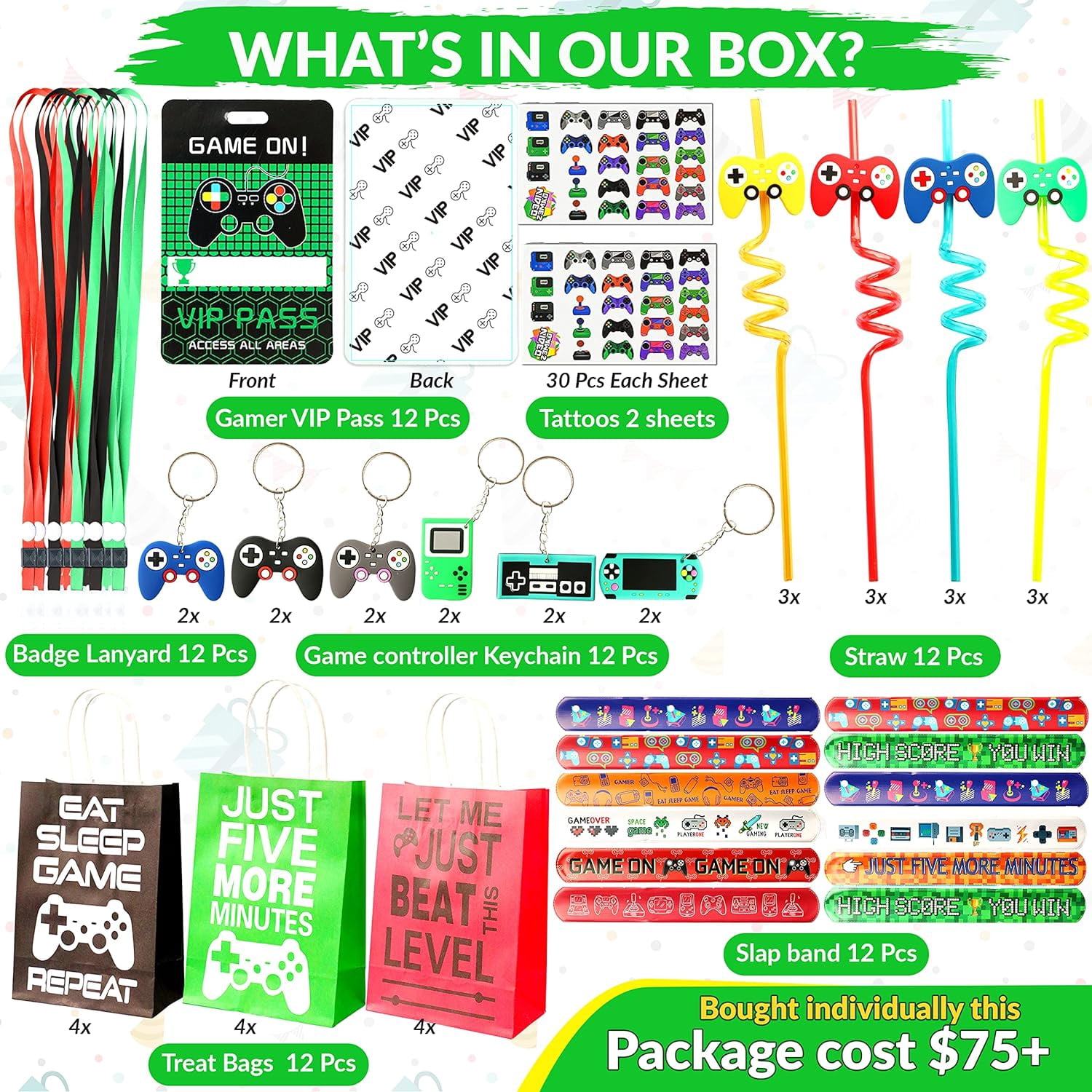 Happy Greetings 86 Pcs Video Game Party Favors for Kids, Gaming Party Favors - 12 set of Game ON Pass Keychain Wristband Treat Bags Straws, Level UP Themed Gamer Boys Birthday Goodie Bag Fillers