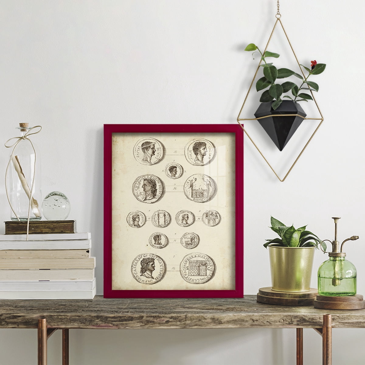 Antique Roman Coins I -Framed Print w/glass-Cherry Red