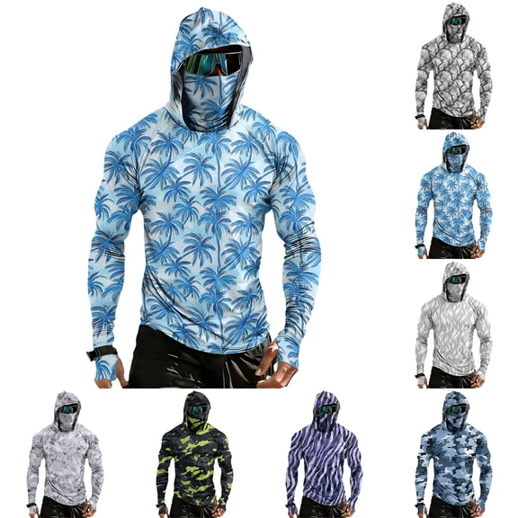 Men's Tropical Palm Tree Print Fishing Hoodie, Long Sleeve UPF 50 Sun Protection Shirt with Built-in Face Mask and Thumbholes Black L