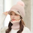 thumbnail image 3 of YAOBAMM Thick Hat Scarf Set Hat Scarf Set 2 Pcs Set Knitted Plush Ball Decor Solid Color Knitted Elastic Soft Thermal Windproof Wide Brim Baseball Neck, 3 of 7