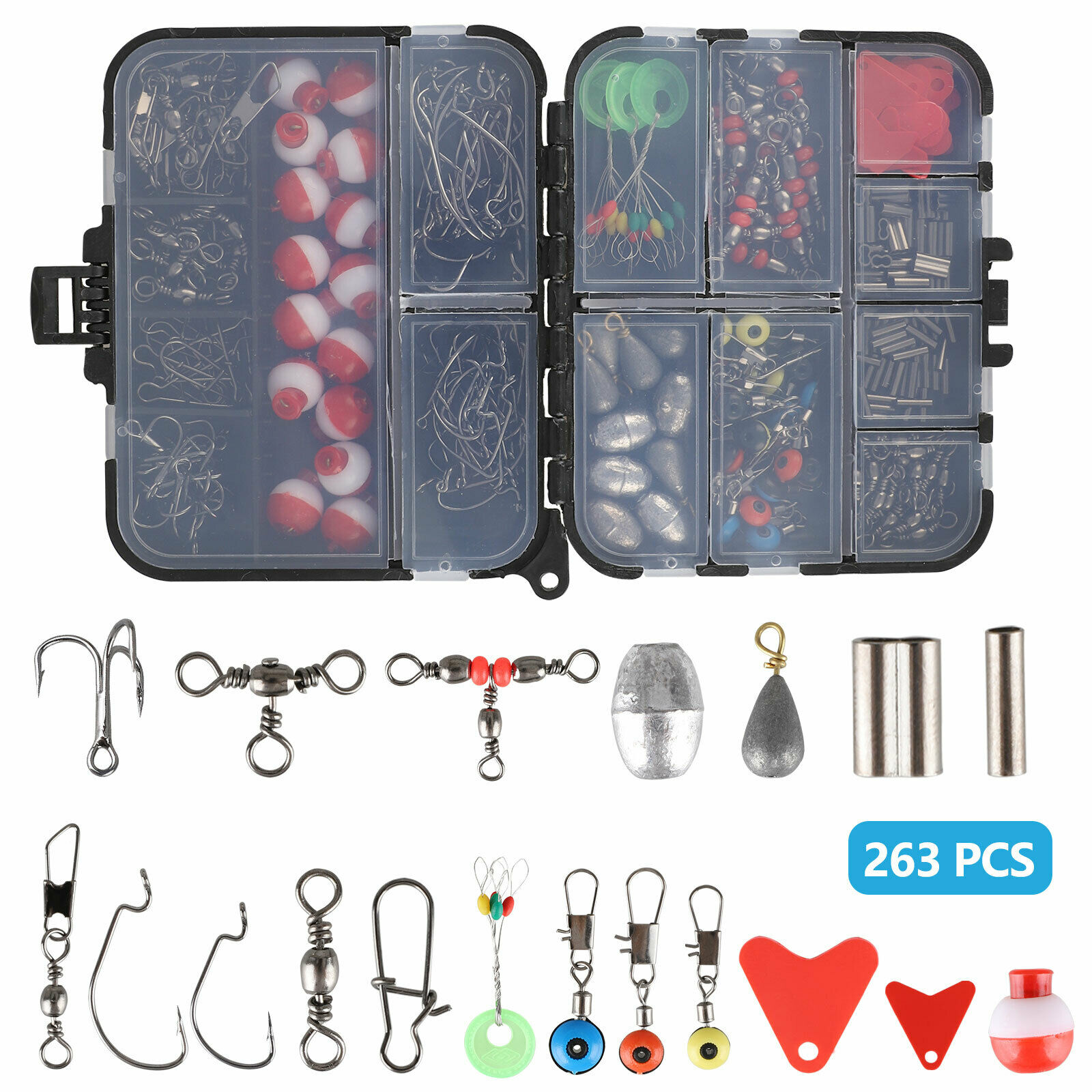 263PCS Fishing Accessories Tackle Tool Swivels Snaps Sinker Slides Hooks Floats