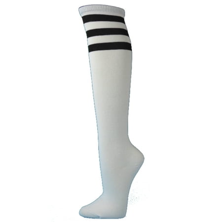 Couver White Triple Striped Knee High Fashion Casual Tube Cotton Socks, White /