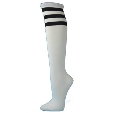 Herringbone Stripe Socks - Couver White Triple Striped Knee High Fashion Casual Tube Cotton Socks, White / Black