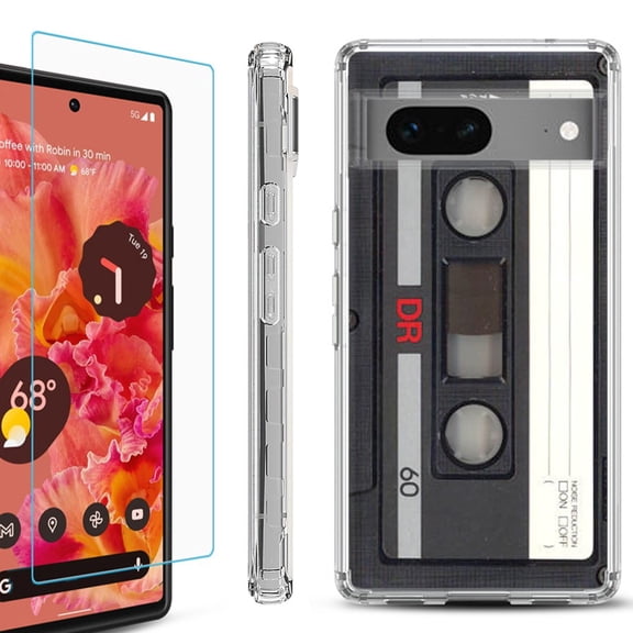 OneToughShield ® for Google Pixel 7a Shockproof Bumper Phone Case, with Tempered Glass Screen Protector - Vintage Cassette