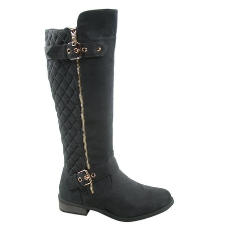 

Mango-23 Women s Fashion Buckle Quilted Zipper Round Toe Knee High Low Heel Boots