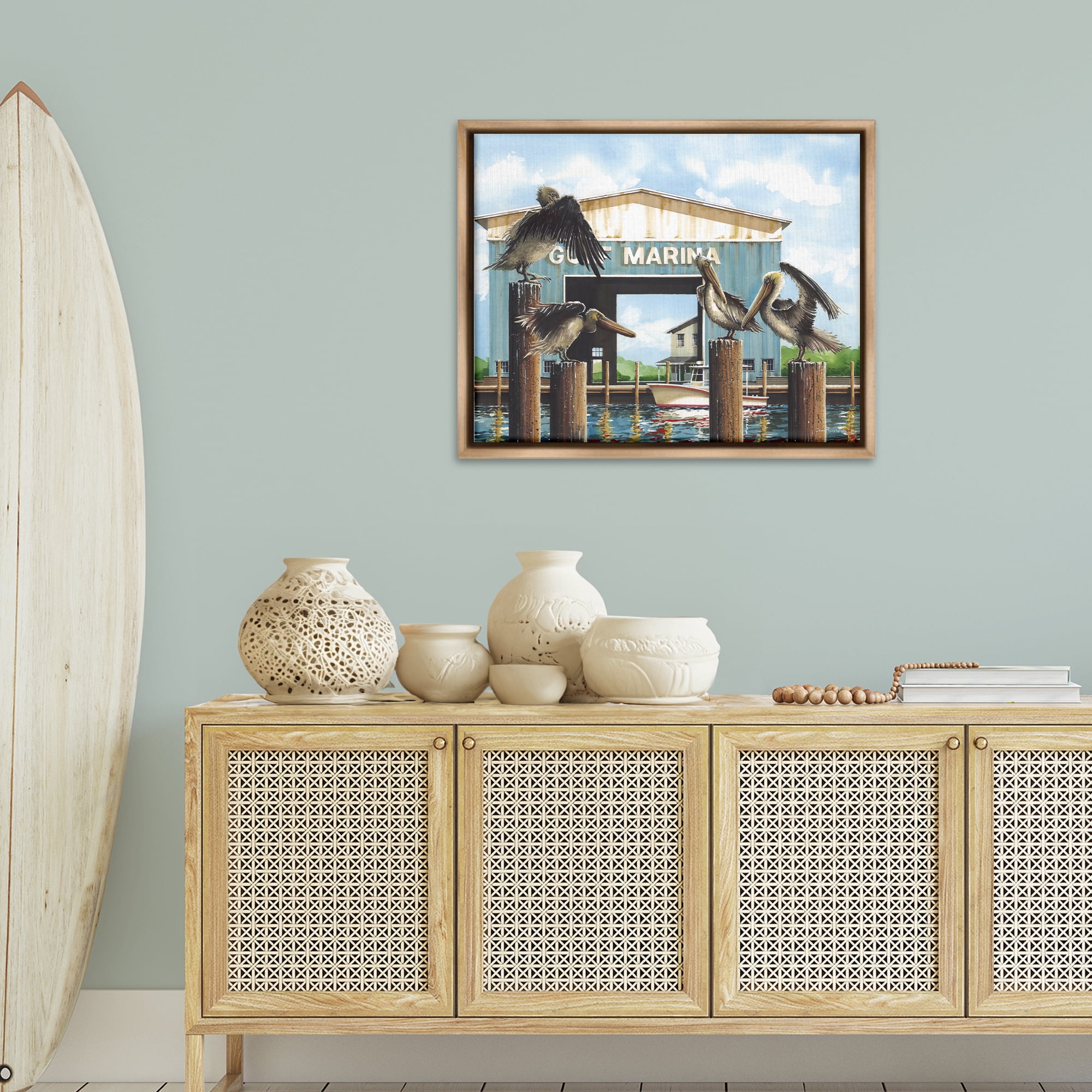 Stupell Industries Boat Marina Pelicans Nautical & Beach Painting Brown Floater Framed Canvas Art Print Wall Art, 31 x 25