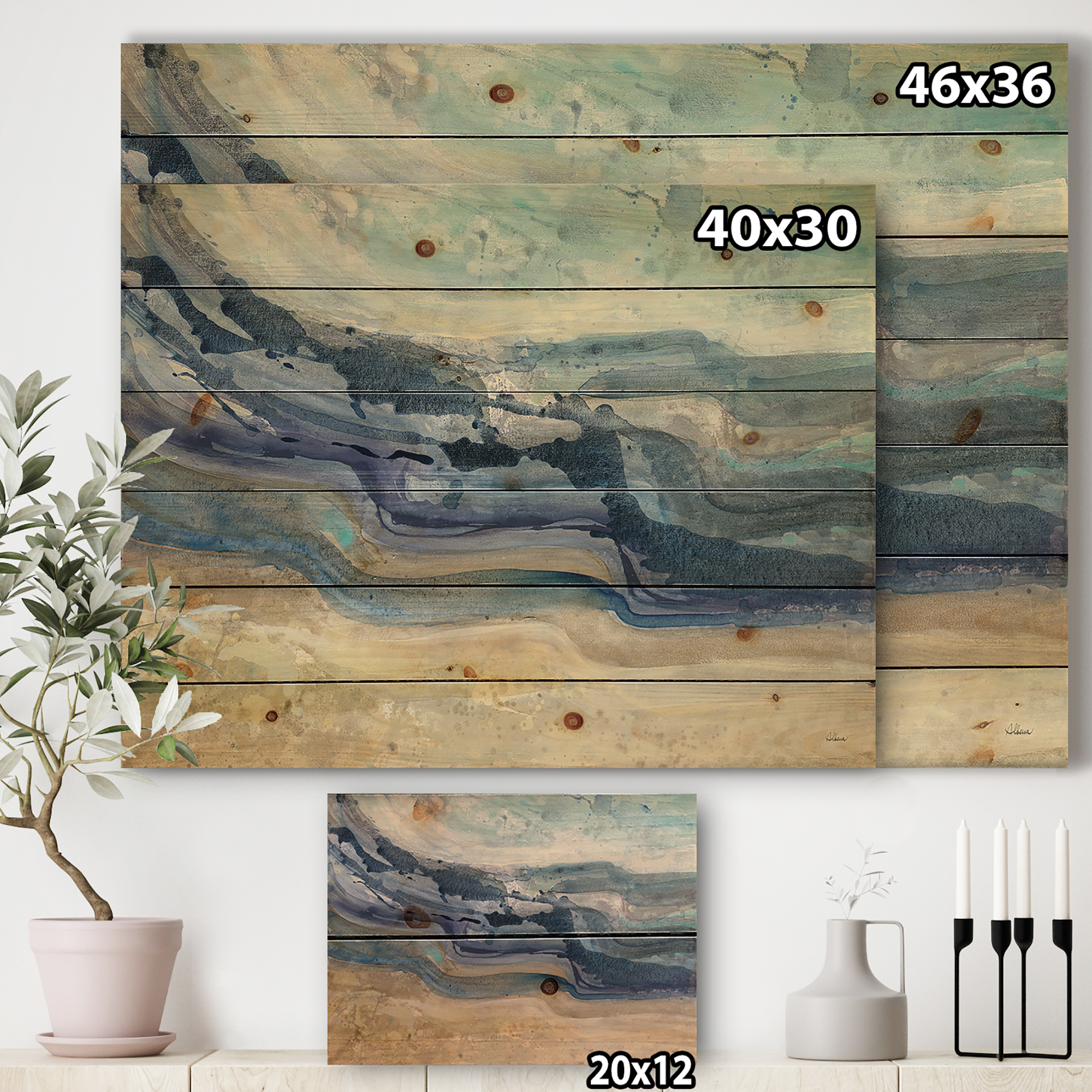 Designart 'Coast Blue Sea Waves Watercolour' Modern Farmhouse Print on Natural Pine Wood
