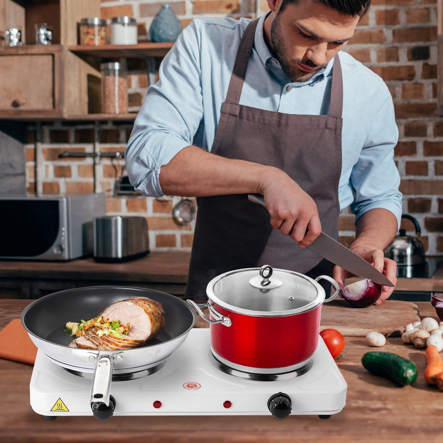 2000W Double Burner Electric Stove, Portable Dual Countertop Hot Plate with 5-Temperature Control for Kitchen Cooking, Universal Pan Compatibility