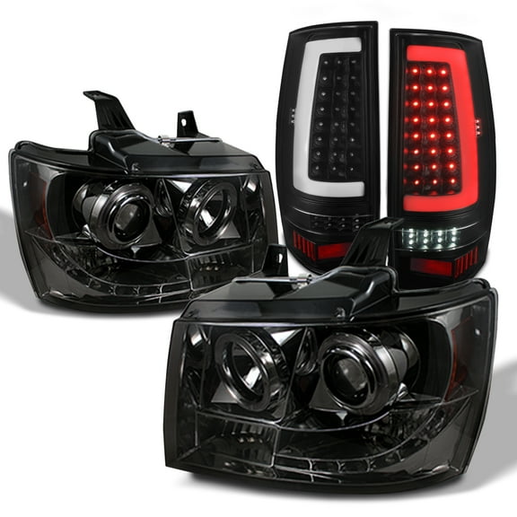 AKKON - Fits 2007-2014 Chevy Tahoe Suburban 1500 Dual Projector Smoked Headlights   LED C-Tube DRL Black Tail Light