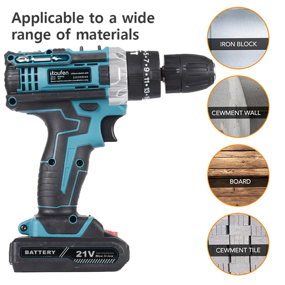 ikaufen Cordless Drill Driver, 21V Electric Drill Screwdriver Kit with 25+1 Torque, 2 Speed with 2 Batteries 1.5Ah, LED Light Cordless Combi for Home and Garden DIY Project