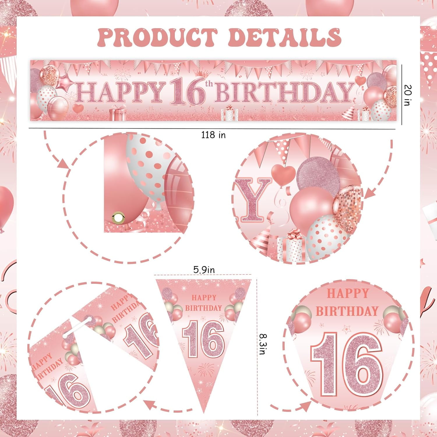 Rose Gold 16th Birthday Decorations Girl, sweet 16 Birthday Yard Sign Banner, Triangle Flags and Latex Printed Confetti Balloons, 16 Years Old Sixteen Birthday Party House Garden Supplies