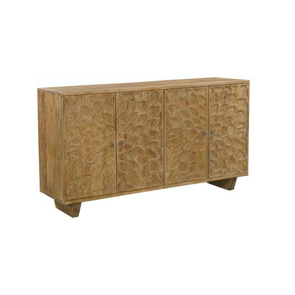 HomeRoots 634314 70 in. Brown Distressed Solid Wood Carved Floral Sideboard with Four Doors