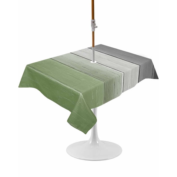 Outdoor Table Cloth with Umbrella Hole and Zipper, Sage Green Gray Ombre Waterproof Rectangle Tablecloth 60"x102", Vintage Country Wooden Washable Table Cover for Outside Party Patio Picnic