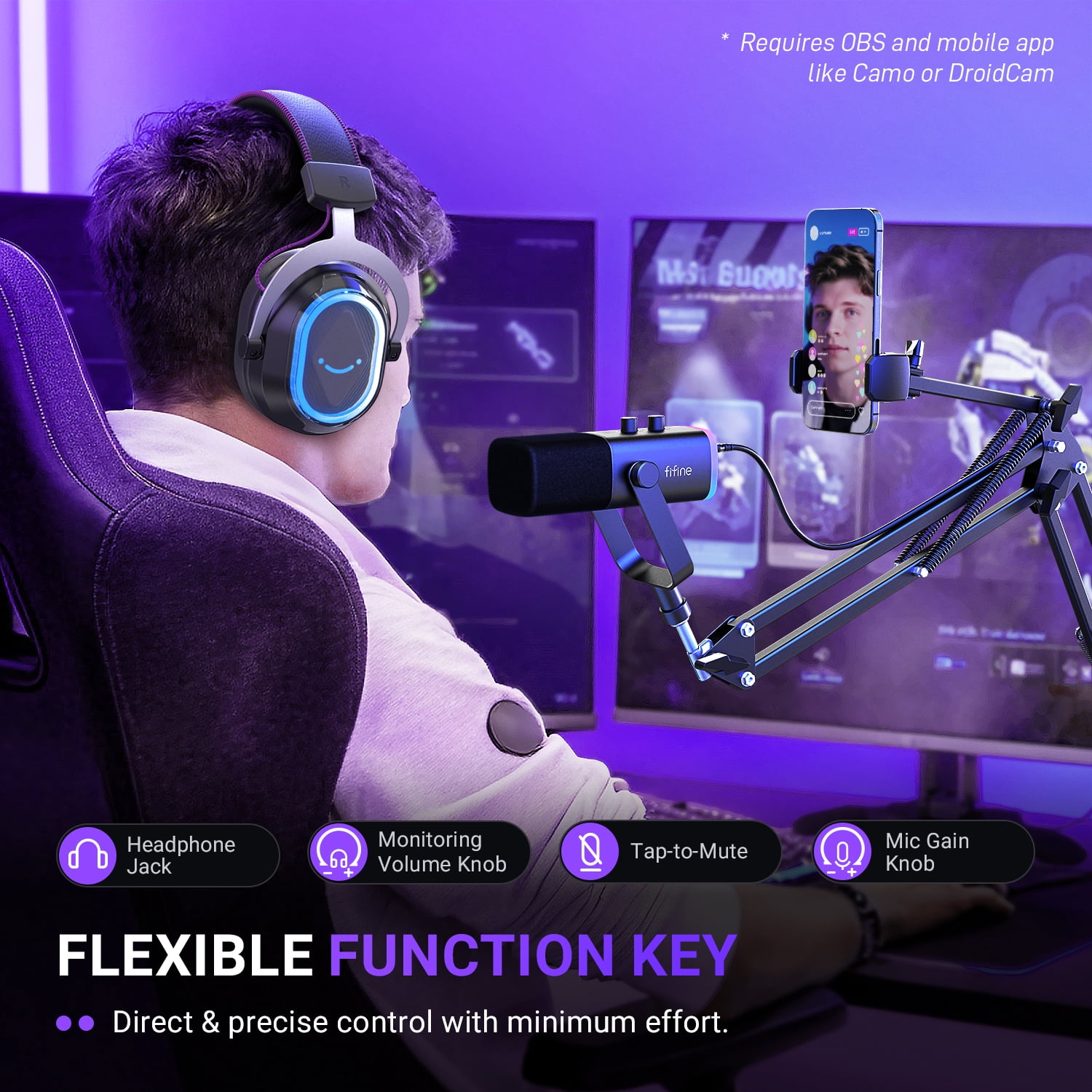 FIFINE AM8 Gaming Microphone Kit with Boom Arm Stand, USB XLR Dynamic Microphone for PC Computer PS5 with RGB, Headphone Jack, Phone Holder AM8T NEO