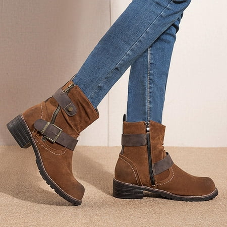 

Zunfeo Women Faux Suede Boots- Zipper Desert Boots Low-heeled Round Toe Warm Solid Boots Christmas Gifts Clearance Khaki 9.5