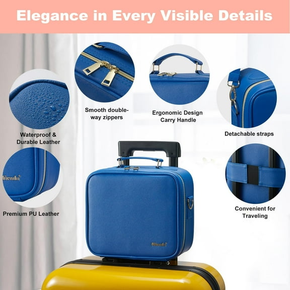 LED Lighted Mirror Travel Makeup Bag with 10X Magnifier, Adjustable Brightness & 3 Color Modes, Portable Cosmetic Case with Removable Dividers (Blue)