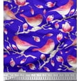 thumbnail image 1 of Soimoi Blue Silk Fabric Branch,Pink Floral & American Robin Bird Decor Fabric Printed BTY 42 Inch Wide, 1 of 1